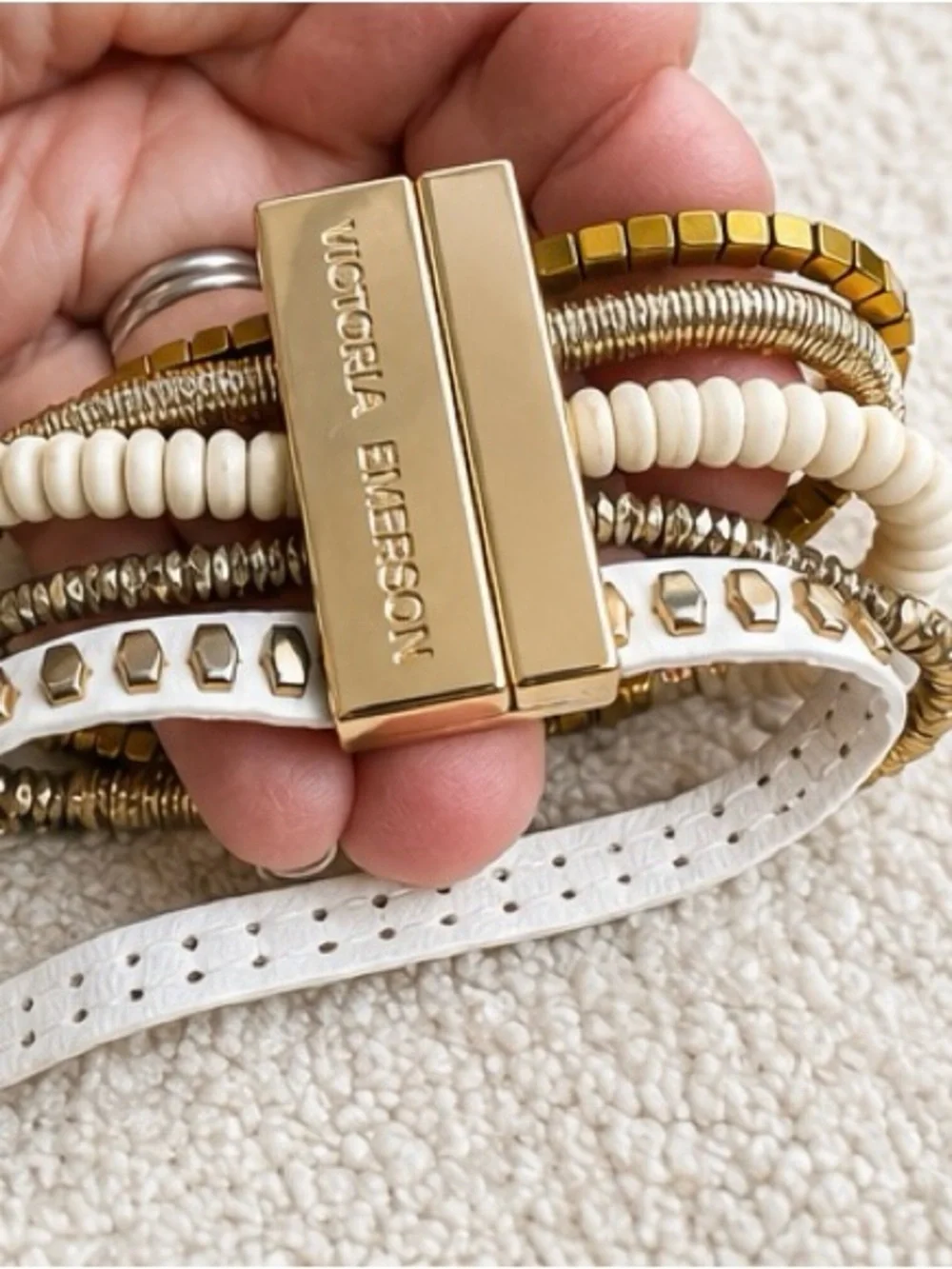 Victoria Emerson Multi-Strand Boho Cuff Bracelet | White & Gold Layered